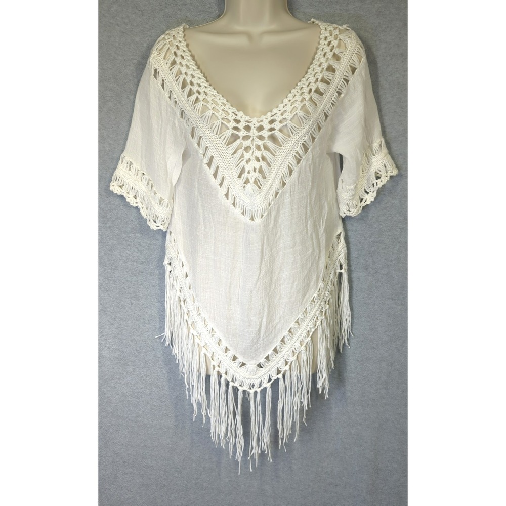 Boho Beach Resort Swim Cover up Small Fringe White Easy Chic Relaxed Pull Over